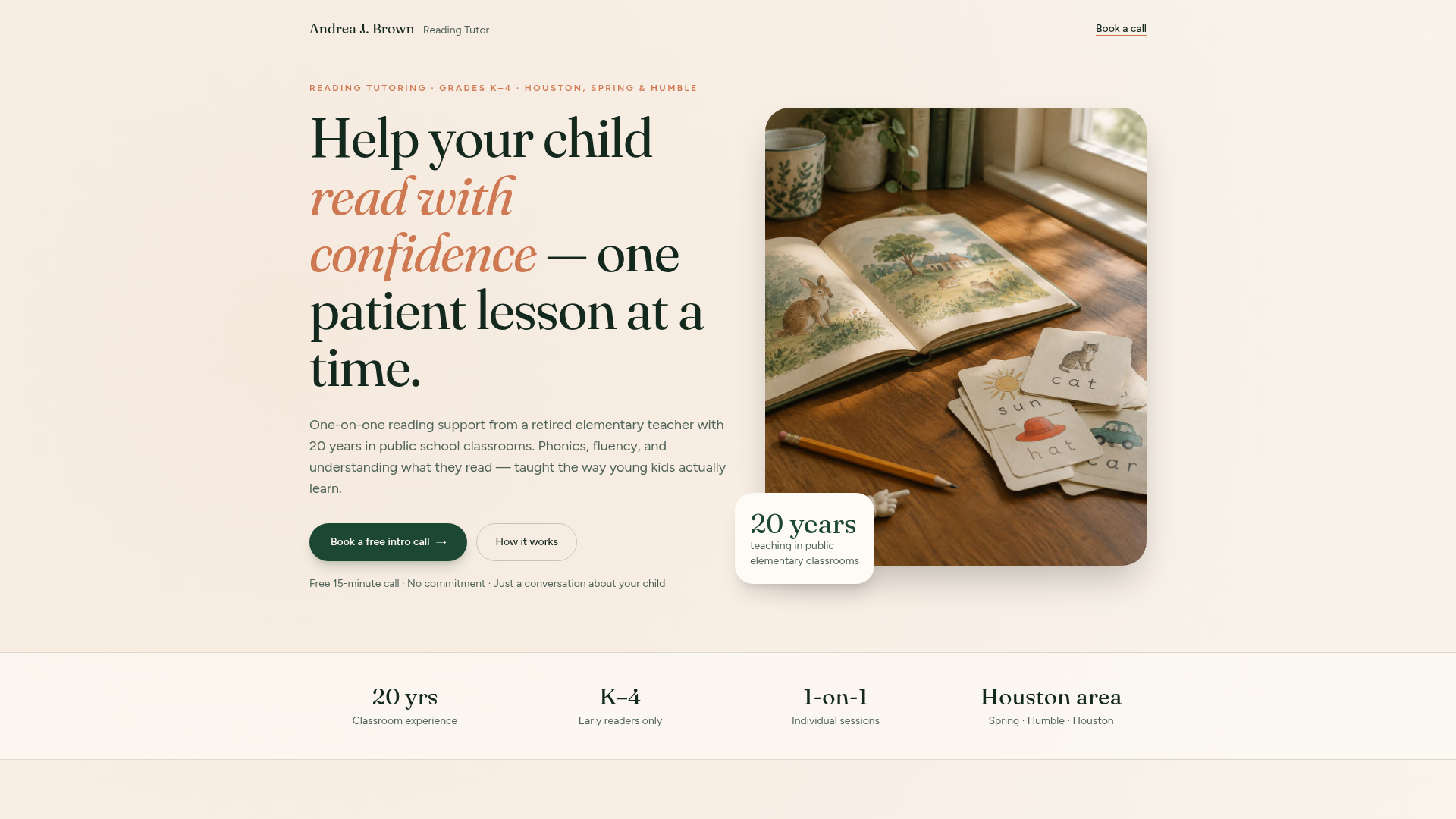 Andrea J. Brown tutoring one-page website preview showing a warm headline and photo