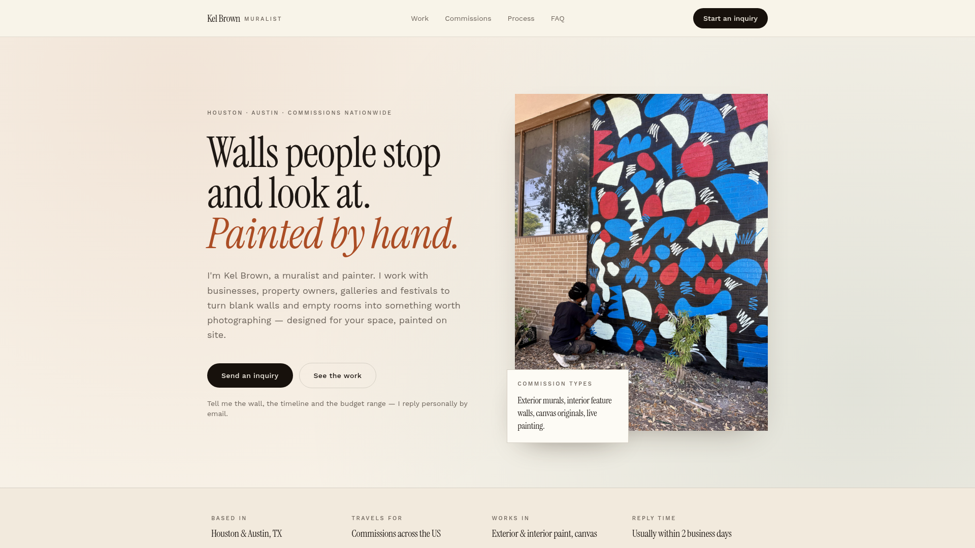 Kel Brown Art one-page website preview showing a colorful mural and headline